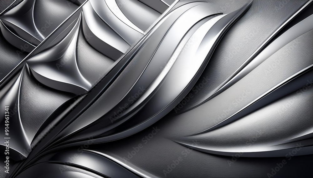 Poster abstract metallic waves with smooth textures and intricate patterns creating a sense of depth and mo