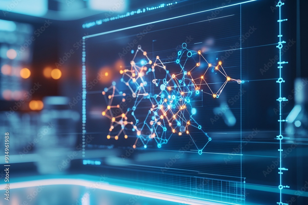 Wall mural integrating artificial intelligence into drug discovery with molecular models displayed on digital s