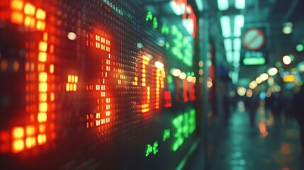 A realistic image of a digital stock ticker with fluctuating numbers, green and red LEDs glowing brightly. The background features a darkened office setting, focusing solely on the ticker.