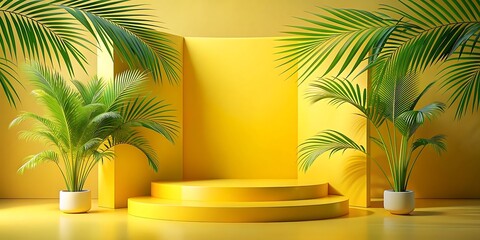 Obraz premium Yellow Product Podium with 3D Minimal Background Summer Display Platform in a Tropical Setting