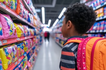 A curious child examines colorful packaging in a store aisle, embodying wonder and excitement in a bustling shopping environment.