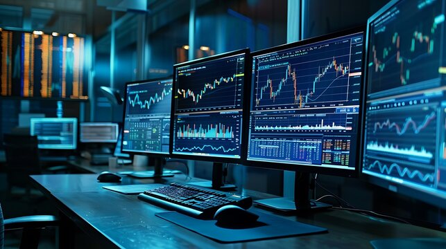 A realistic image of a graphical user interface showing stock trading algorithms, with detailed graphs and live indicators.