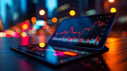 Obraz premium A realistic image of a stock market heatmap on a tablet screen, with detailed red and green indicators. The tablet is placed on a desk in a sleek office environment with blue ambient lighting,