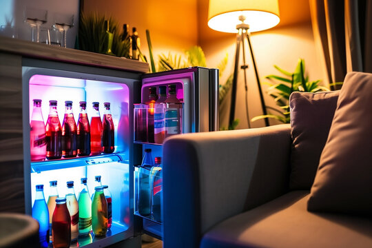 Mini fridge stocked with beverages in a stylish home theater. Generative AI