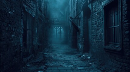 Gloomy, abandoned street with eerie glowing windows