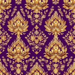 Majestic Thai Lotus Blossom and Mandala Pattern in Royal Purple and Gold Elegance