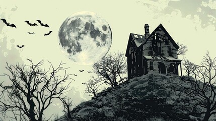 Fototapeta premium An old, spooky house on top of a hill with a full moon
