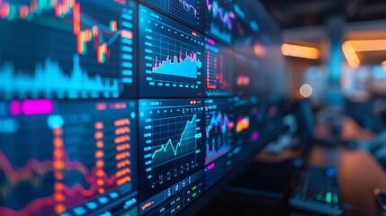 A sharp close-up photograph of a cryptocurrency trading interface alongside traditional stock data, with bright and colorful graphs and indicators displayed on a large monitor.