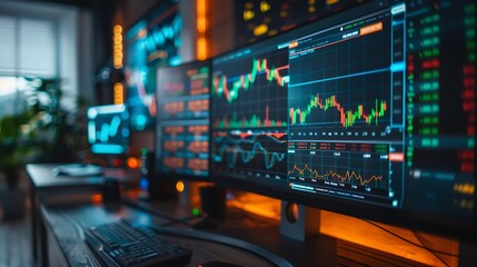 Obraz premium A sharp close-up photograph of a cryptocurrency trading interface alongside traditional stock data, with bright and colorful graphs and indicators displayed on a large monitor.