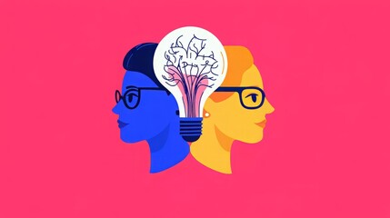 Creative concept of collaboration, featuring two people with light bulb, symbolizing ideas and innovation on a vibrant background.