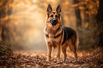 A confident German Shepherd stands proudly, its ears erect and eyes focused, embodying loyalty