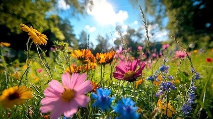 Obraz premium Vibrant floral tapestry paints the sun-kissed meadow with nature's colorful masterpiece