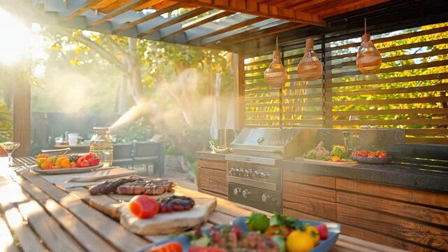 Preparing dinner in the sleek, new outdoor kitchen on a bright summer evening