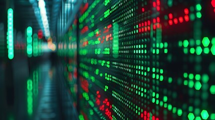Obraz premium A clear and detailed image of a digital stock ticker with fluctuating numbers, green and red LEDs glowing brightly. The background is darkened, emphasizing the ticker. Captured using a DSLR camera,