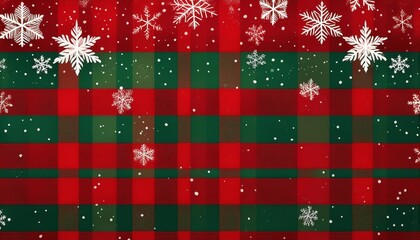Festive red and green plaid pattern adorned with white snowflakes creating a cheerful Christmas atmosphere
