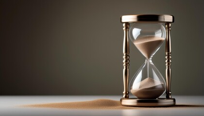 Elegant hourglass with flowing sand, symbolizing the passage of time, placed on a smooth surface against a blurred background