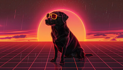 Dog in synthwave style. VR videogame experience in 80's synth wave and retro vaporwave futuristic aesthetics. synth-wave dog design