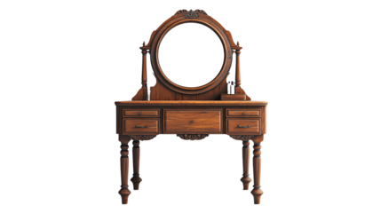 Antique wooden vanity with a round mirror and storage drawers, perfect for adding a vintage touch to any room.