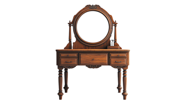 Antique wooden vanity with a round mirror and storage drawers, perfect for adding a vintage touch to any room.