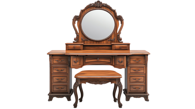 Elegant wooden vanity with a round mirror and intricate carvings, perfect for enhancing any bedroom decor.