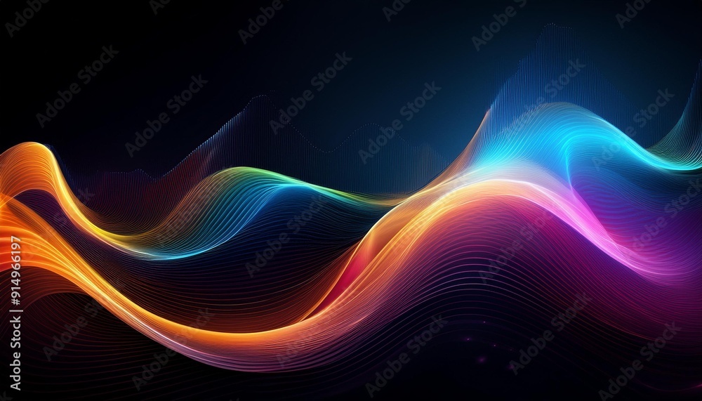 Poster vibrant abstract wave patterns of colorful light flowing smoothly against a dark background, creatin