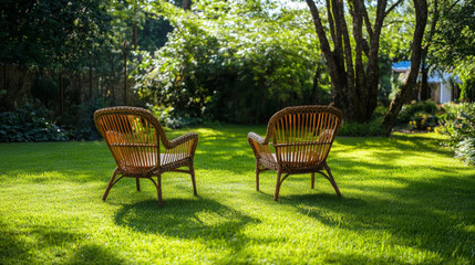 Two summer chairs placed on a green grass lawn in a backyard. The scene is tranquil and inviting, with the chairs positioned to face each other or perhaps a picturesque view. The lush grass provides a