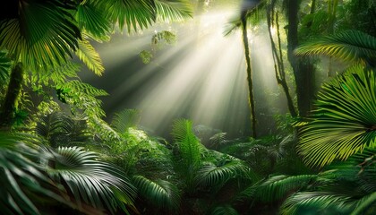 Obraz premium Lush tropical rainforest with sunlight filtering through dense foliage creating a serene and tranquil atmosphere