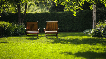 Two summer chairs placed on a green grass lawn in a backyard. The scene is tranquil and inviting, with the chairs positioned to face each other or perhaps a picturesque view. The lush grass provides a