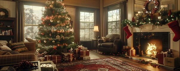 A cozy Christmas living room with a decorated tree, a roaring fireplace, and festive decorations creating a warm, inviting atmosphere.