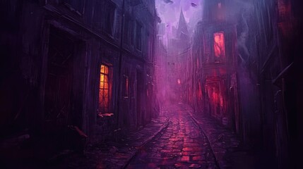 Gloomy, abandoned street with eerie glowing windows