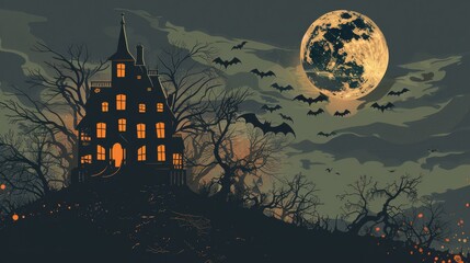 An old, spooky house on top of a hill with a full moon