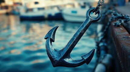 A weathered anchor hangs from a chain by the waterside, symbolizing stability and maritime heritage under a serene sky.