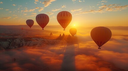 Obraz premium Multiple hot air balloons ascend into the sky at sunrise, creating a magical scene above the mist-covered landscape below.
