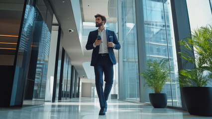 A businessman walks through a modern office hallway, confidently holding a phone, surrounded by sleek architectural designs and lush green indoor plants.