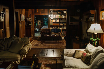 Cozy living room interior with lots of stuff. Many books, shelves and pillows. Generative AI