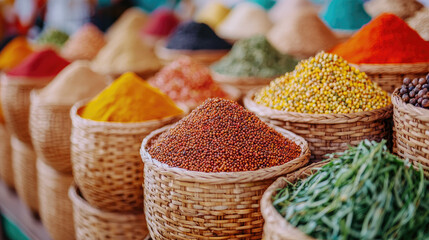 Fototapeta premium Colorful spices displayed in woven baskets at a vibrant market, showcasing a variety of textures and hues for culinary inspiration.