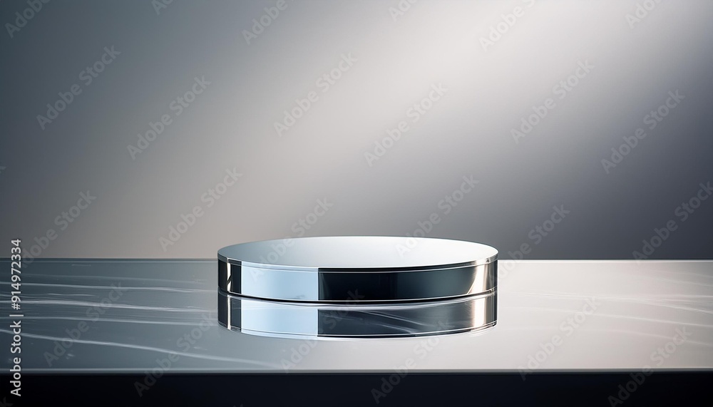 Poster sleek metallic container displayed on a smooth reflective surface, illuminated against a subtle grad