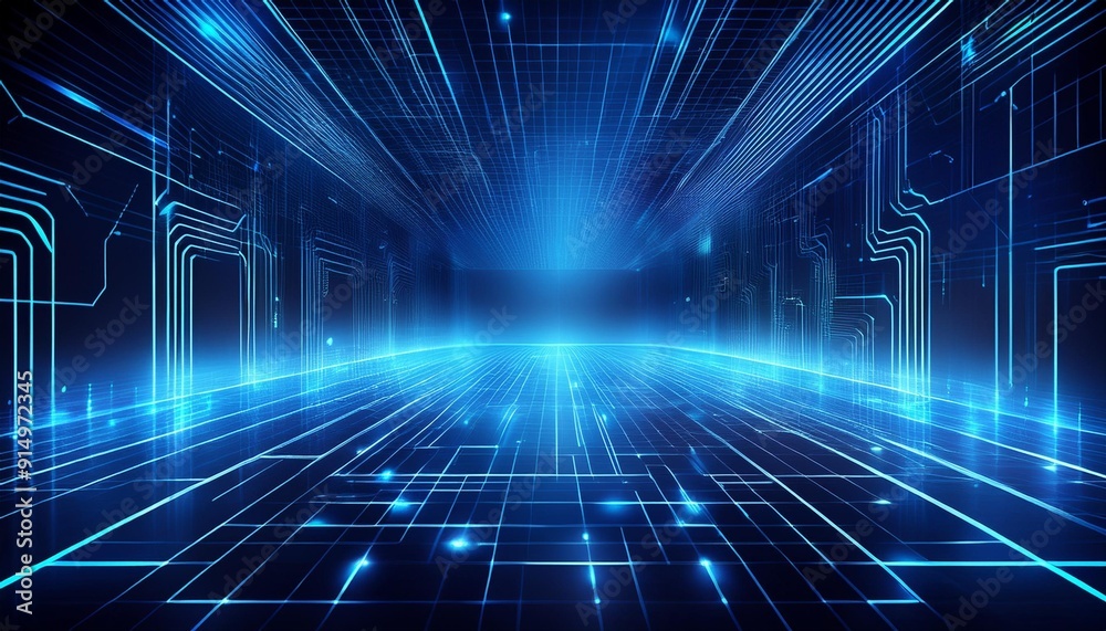 Poster futuristic digital landscape with glowing blue lines and circuit patterns creating a sense of depth 