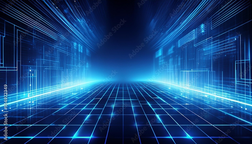 Fototapete digital abstract background with glowing blue lines and grid pattern depicting futuristic technology