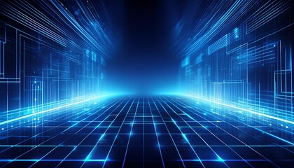 Digital abstract background with glowing blue lines and grid pattern depicting futuristic technology and innovation