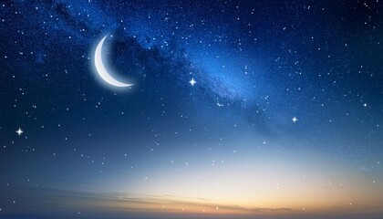 Naklejka premium Peaceful night sky featuring a crescent moon surrounded by stars and a gradient of blue to orange hues on the horizon