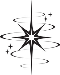 Line icon of star. Y2k shiny element. Sparkles and glitter symbol. Retro graphic of minimal figure. Magic black twinkles sun and moon with cosmic orbits