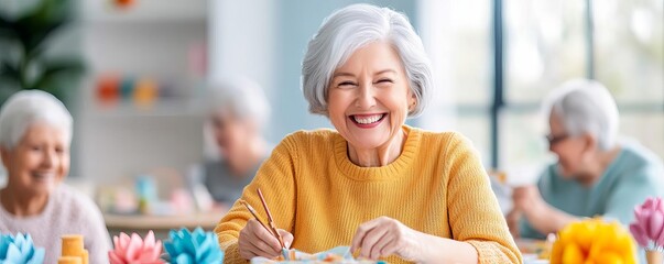A happy senior lady engaging in a craft activity with other residents in an assisted living center, bright colors, communal and cheerful setting, watercolor style