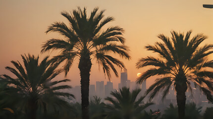 araffature of palm trees in front of a city skyline
