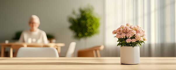 Senior lady in dining area, assisted living residence, 3D illustration