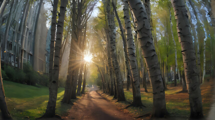 Obraz premium a view of a path through a forest with trees