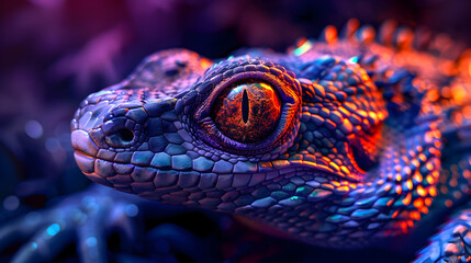 Obraz premium Close-Up of a Lizard's Eye with Neon Lighting