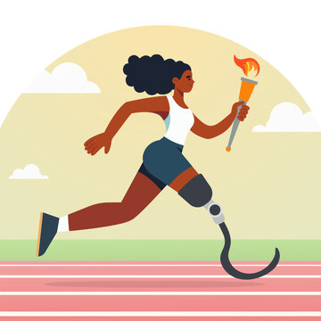 Sports athletic girl paralympian with prosthetic legs running with a flaming torch. Female torchbearer at an international sports event. Vector illustration
