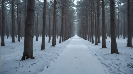 a path in the middle of a snowy forest
