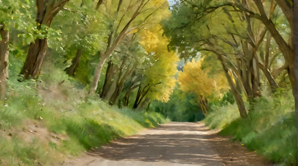 Obraz premium painting of a dirt road with trees lining both sides